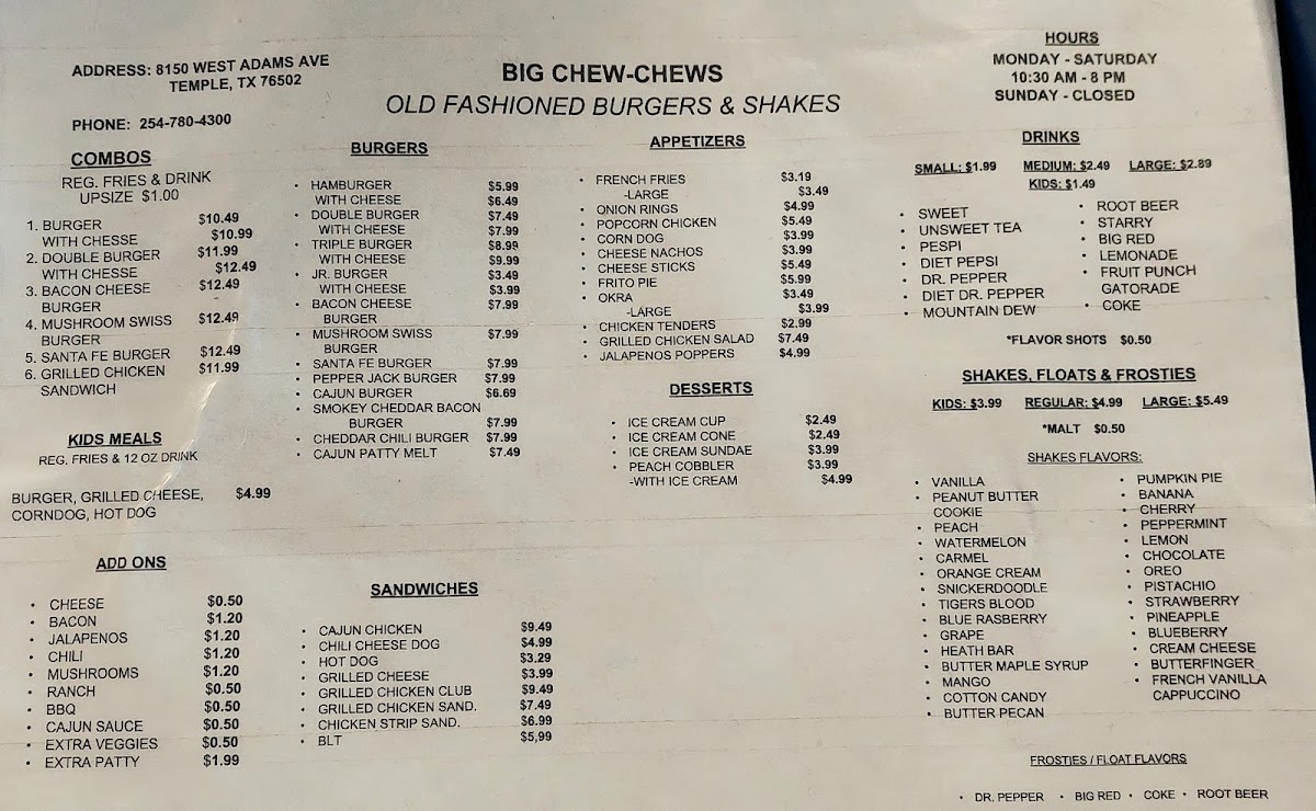 Big Chew Chew's Burgers Menu - Image 1